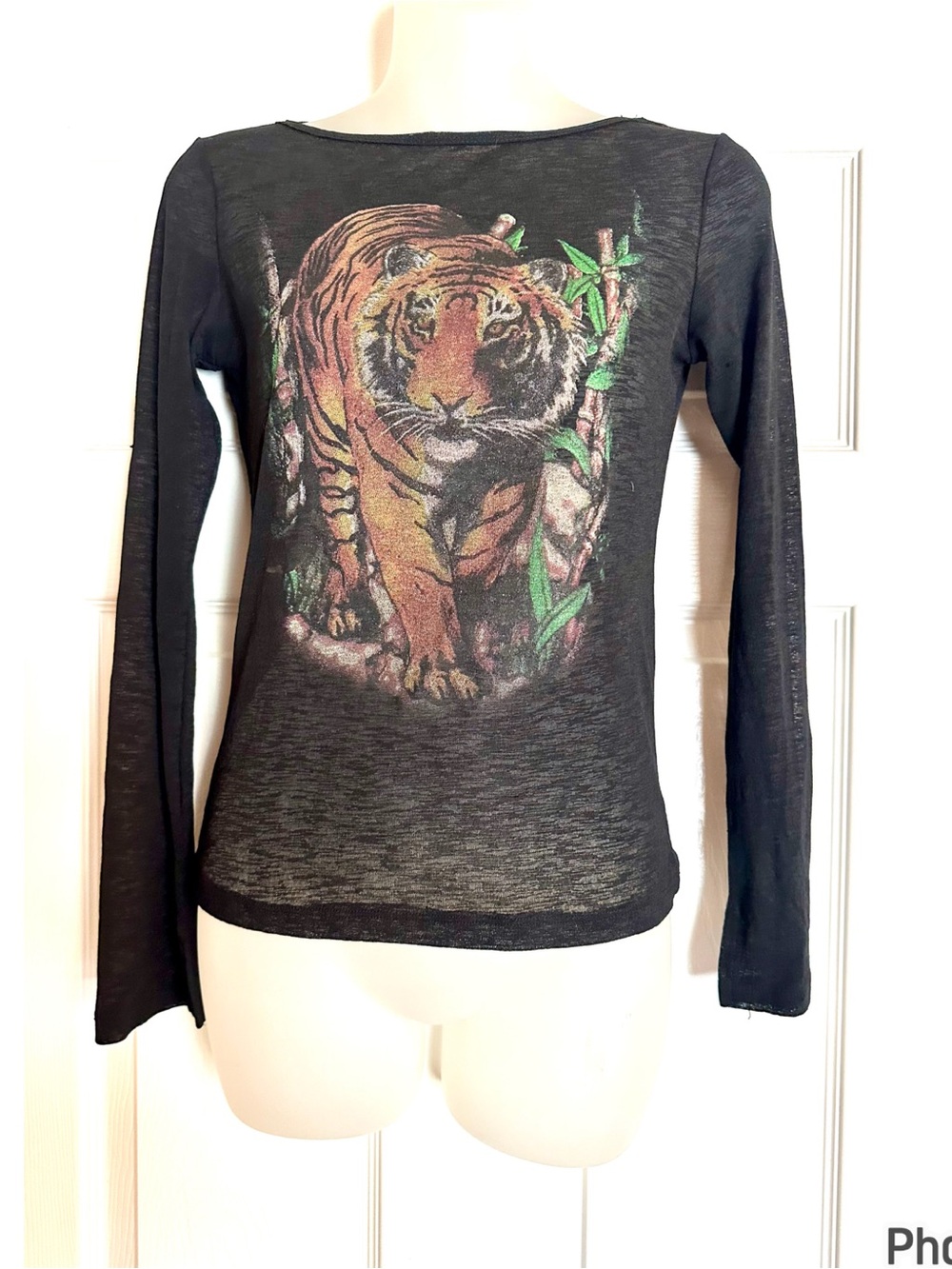 Y2K FANG Black Sheer Long-Sleeve Tiger Graphic Tee